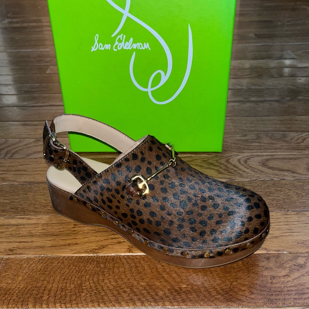 Sam Edelman Hilda Haircalf Leopard Clogs Brown Leopard Print Women’s Size 5
